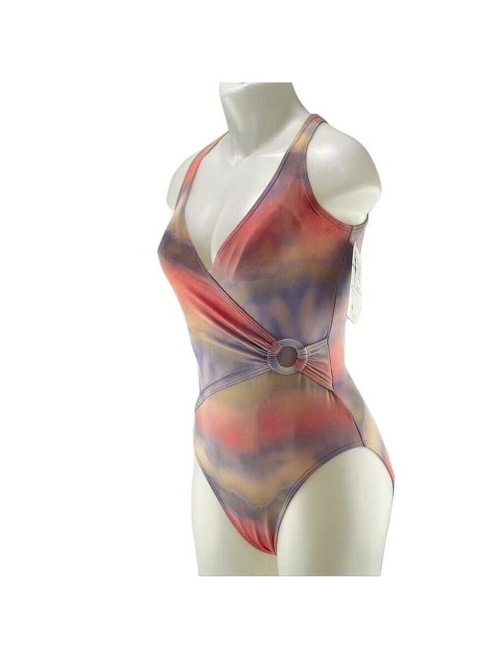 Tie-Dye One-Piece Swimsuit With Ring Detail & Deep V-Neck Multicolor Size 10 Wom - Picture 4 of 8
